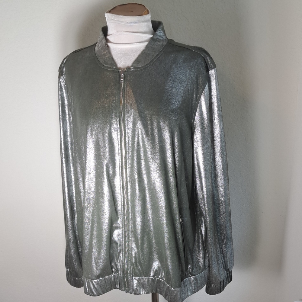 Chico’s Metallic Bomber Jacket Silver Green Full Zip Pockets Faux Leather 16